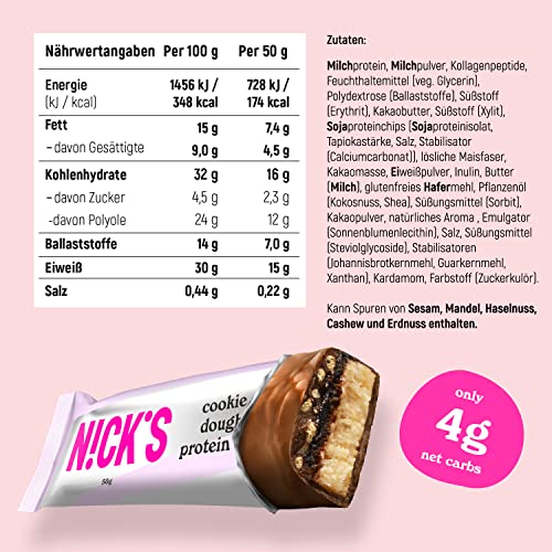 Nicks Protein Barmischung, Keto -Proteinbalken mit niedrigen Kohlenhydraten ohne Zucker zu Zucker, glutenfrei | 15G -Protein mit Kollagen (9 Proteinbalken x 50 g)