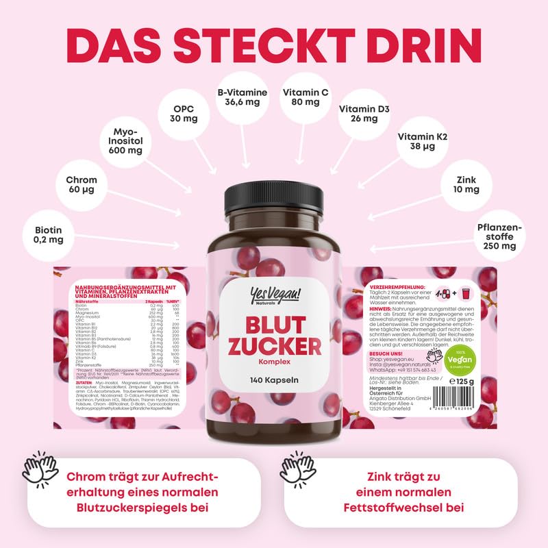 Blodsockerkomplex - 140 blodsockerkapslar - skräddarsydda mikronäringsämnen särskilt lämpliga för diabetiker - med druvfröekstrakt OPC. Krom. Magnesium - vegan