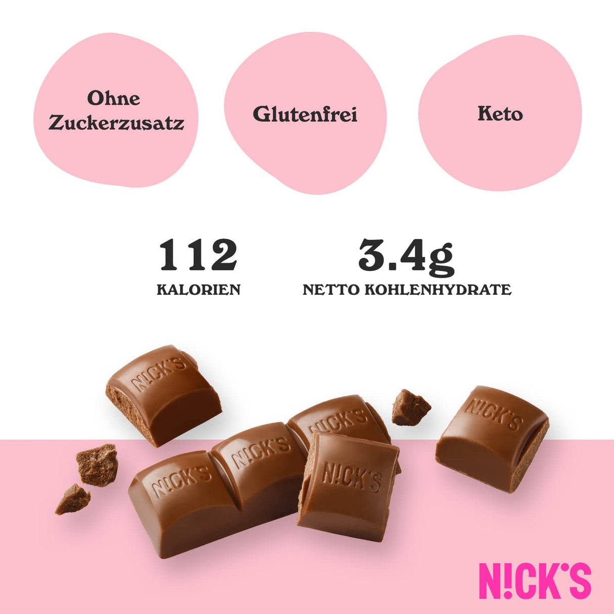 Nicks Milchschokolade Ketostangen ohne Zucker, 112 kcal, 3,4 g Netto Kohlenhydrate, niedrige Kohlenhydrat -Süßigkeiten, glutenfreie Snackbars (15x25 g)