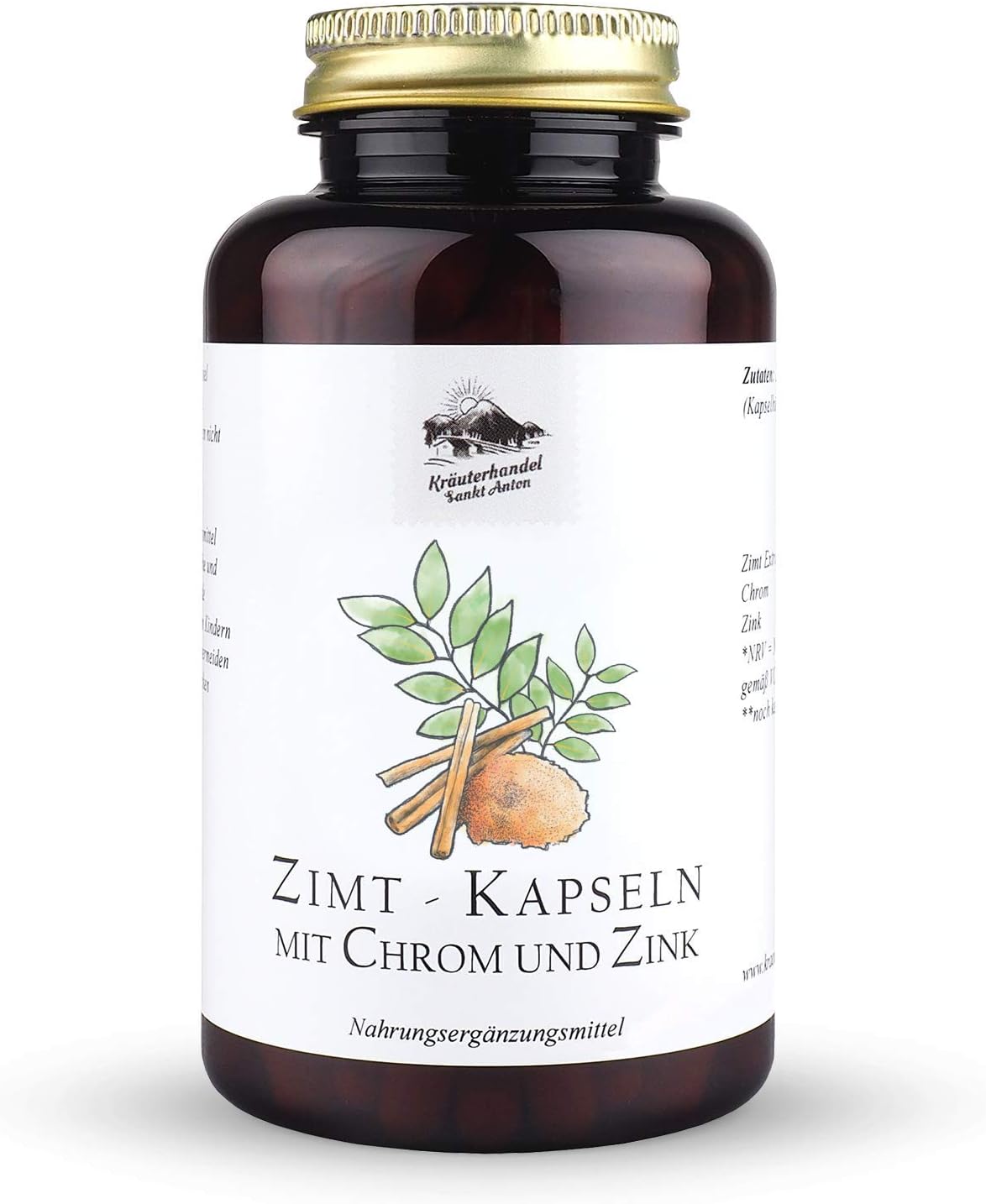 Kräuterhandel Sankt Anton - 180 Capsule de scorțișoară - 400 mg Extract de scorțișoară de scorțișoară Doză zilnică - Doză mare - Chrom - Zinc - Calitate premium germană