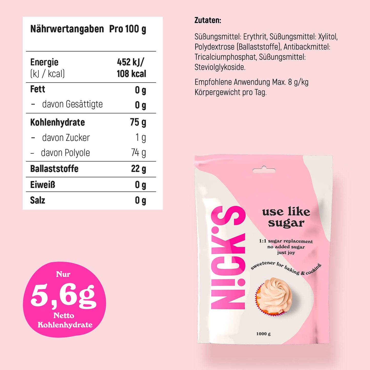 NICKS Use Like Sugar, low-calorie sugar substitute, perfect low-carb baking sweetener mix of xylitol, erythritol, stevia and polydextrose | Keto | Vegan (1 kg)