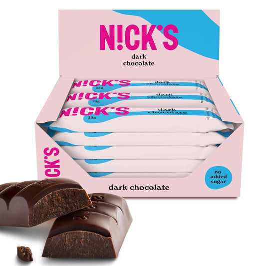 Nicks Barras de ceto veganos de chocolate negro sin azúcar agregada, 107 kcal, 1.1g carbohidratos netos, dulces bajos en carbohidratos, barra de bocadillos sin gluten (15x25 g)