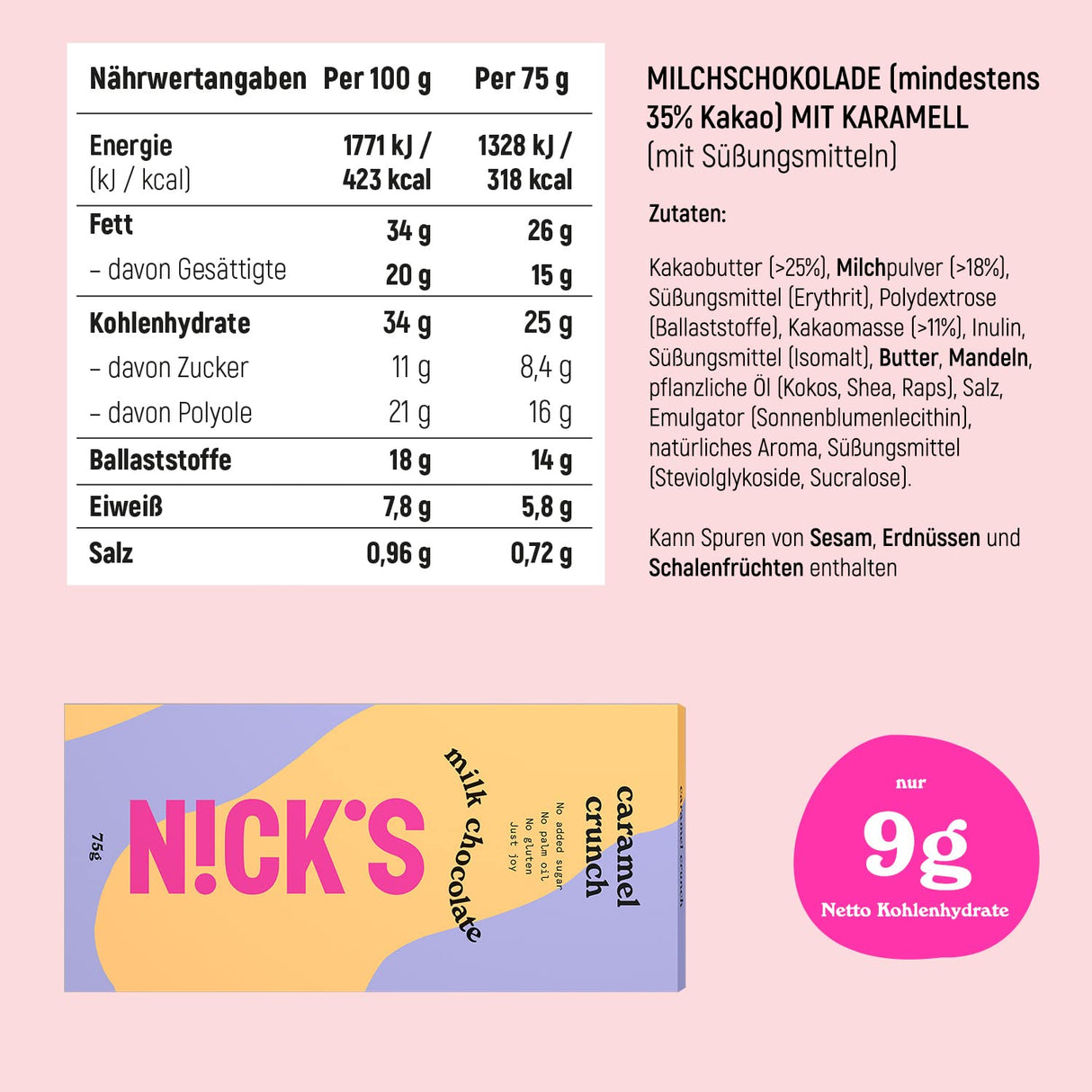 Nicks Milchschokoladenkaramell Crunch Kein Zuckerzucker, glutenfreie, niedrige Kohlenhydrate, kein Palmöl, Keto-Schokoladenstangen (3x75g)