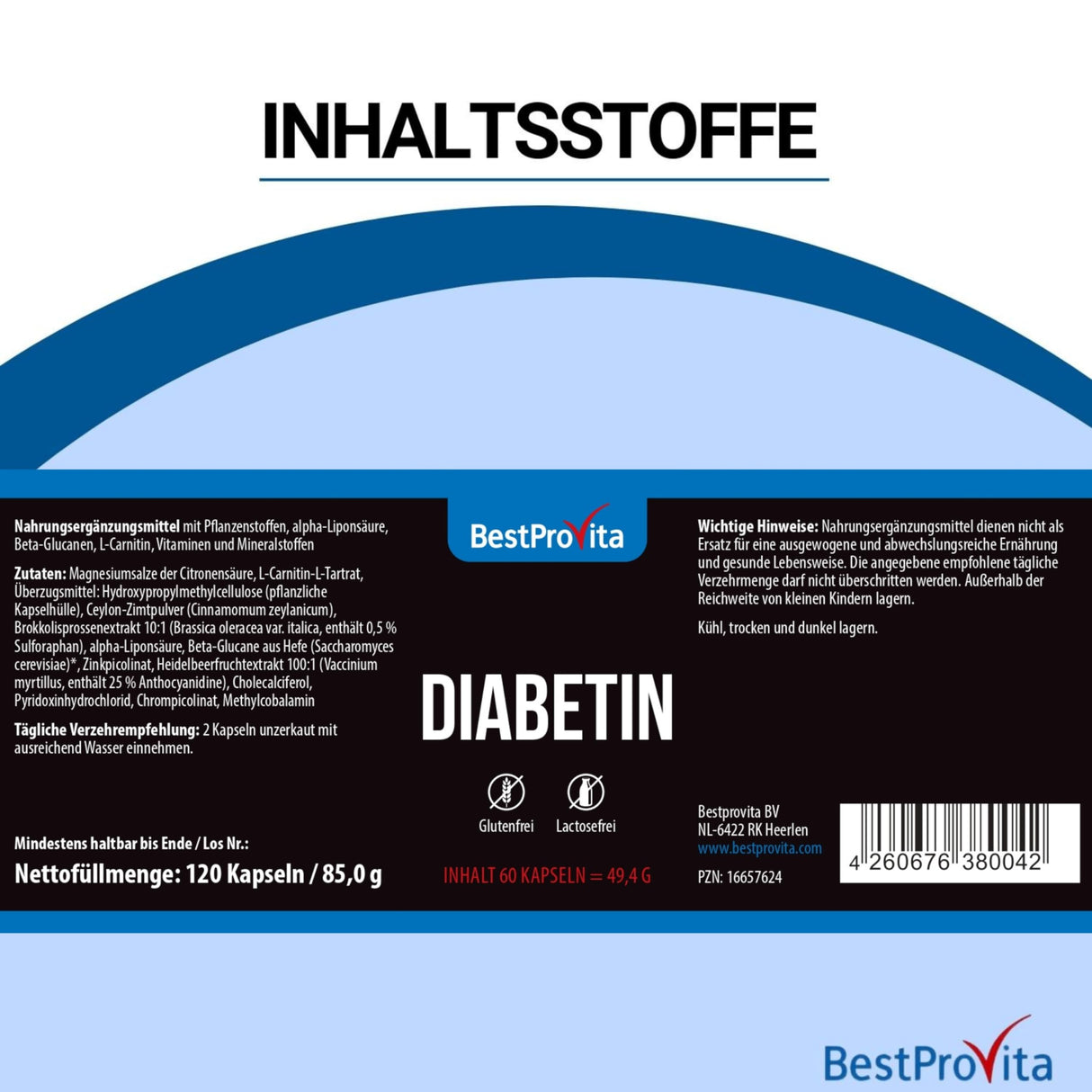 Bestprovita capsule di diabetina (3 x 60 capsule di diabetina) - supporto multivitaminico naturale per diabete di tipo 2, abbassamento dello zucchero nel sangue e vitamine del diabete