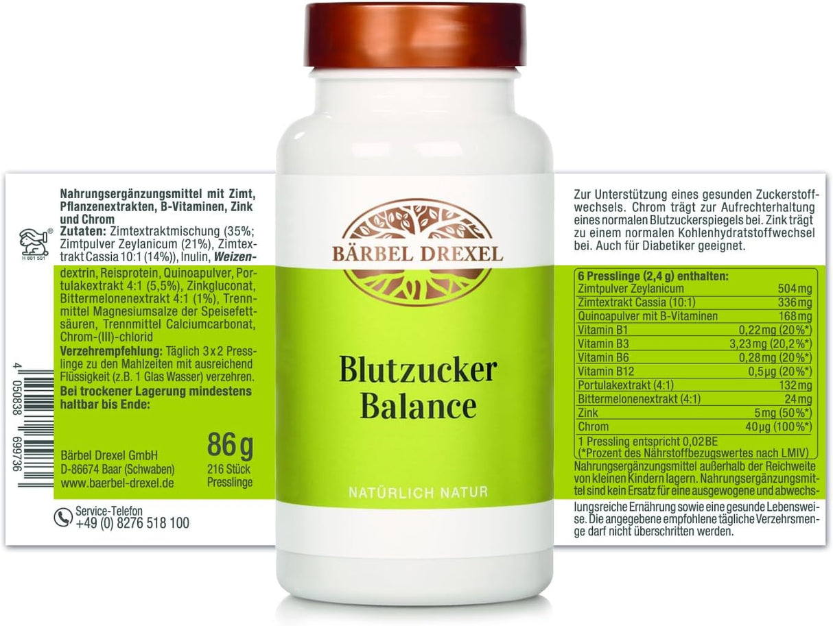 Bärbel Drexel® Blood Sugar Balance Capsles Regulat (216 st) 100% Vegan Made in Germany Unique Complex: Magnesium Cinnamon Zinc Chrom Purslane Bitter Melon, Blood Sugar Level