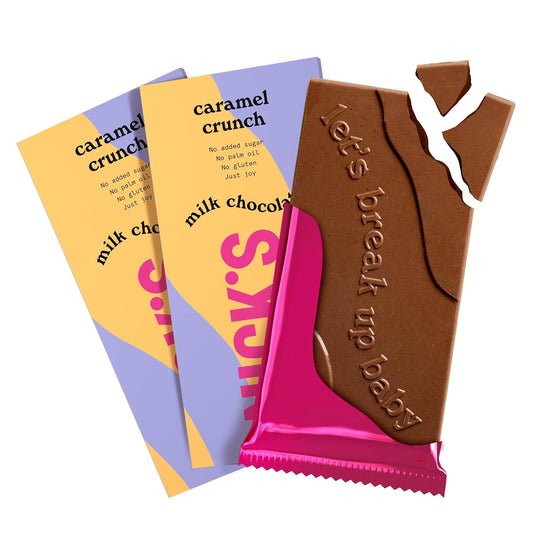 Nicks Milk Chocolate Caramelo Crunch No Agreguing Azgar, sin gluten, bajo en carbohidratos, sin aceite de palma, barras de chocolate ceto (3x75 g)