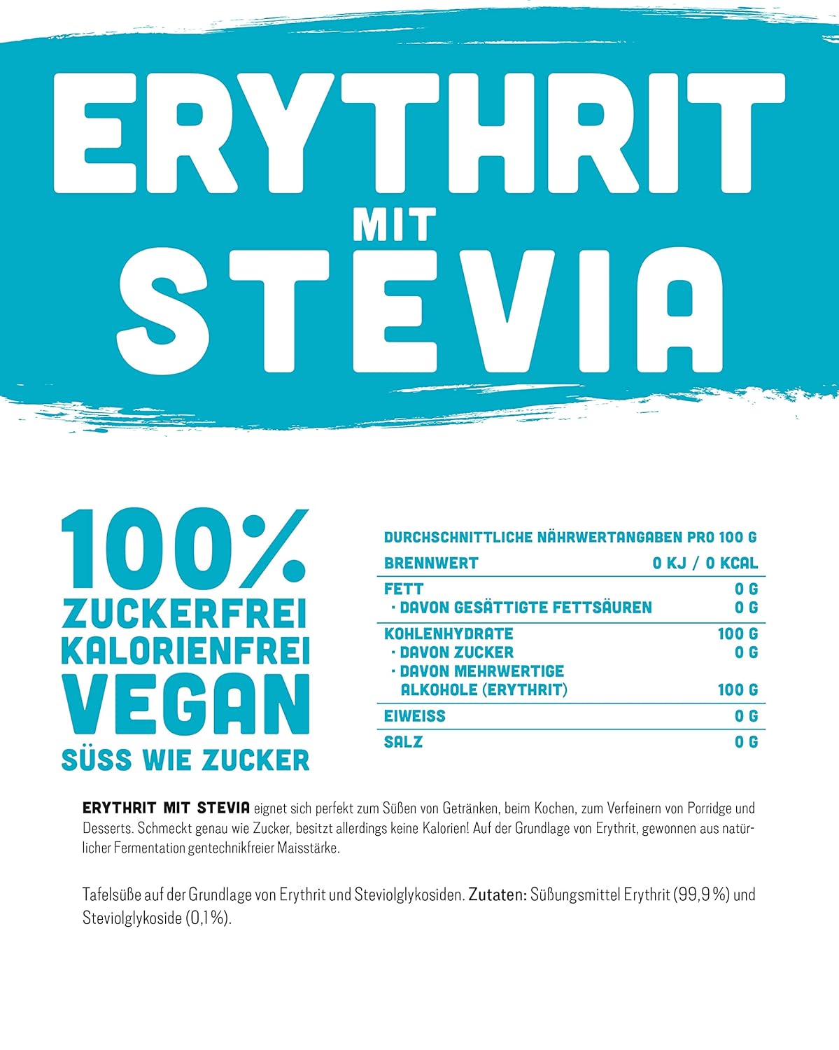 Erythritol + Stevia Natural Sugar Substitute Uten kalorier 1: 1 Sødme sammenlignet med sukker, ingen smak av sitt eget, sunt alternativ for matlaging, baking, søtning (1 kg doypack)