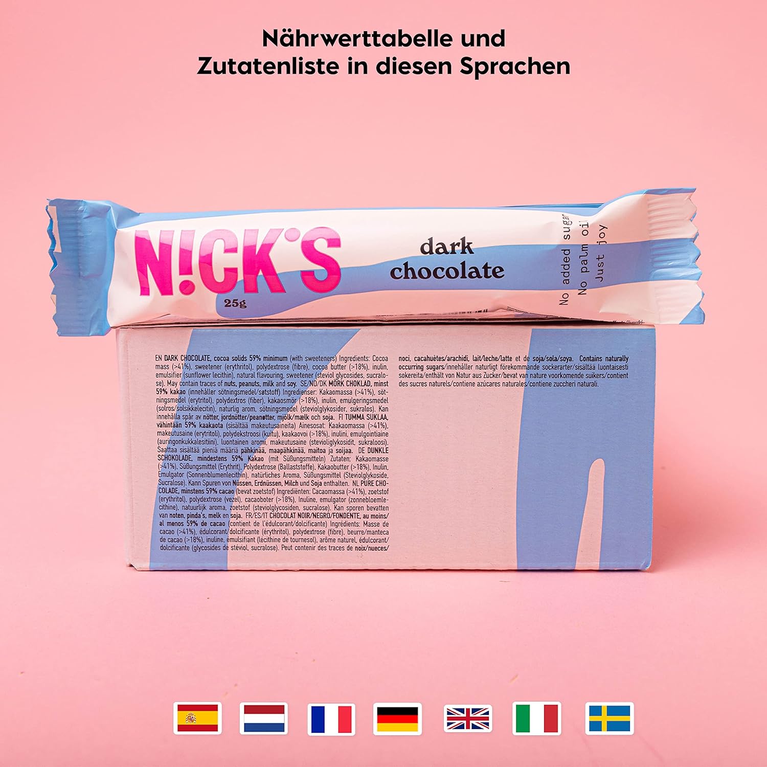 Nicks Dark Chocolate Vegan Keto-Riegel ohne Zucker, 107 kcal, 1,1