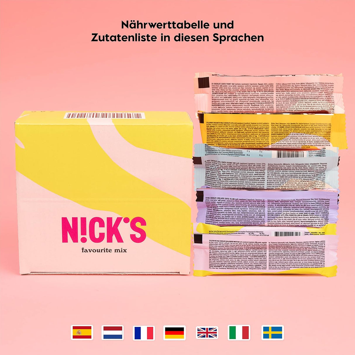 Nicks Schokoladen -Keto -Bar Favoriten mit Schokoladenstangen ohne zugesetzten Zucker, glutenfreie, niedrige Kohlenhydrat -Süßigkeiten (12 Snacks Riegel)