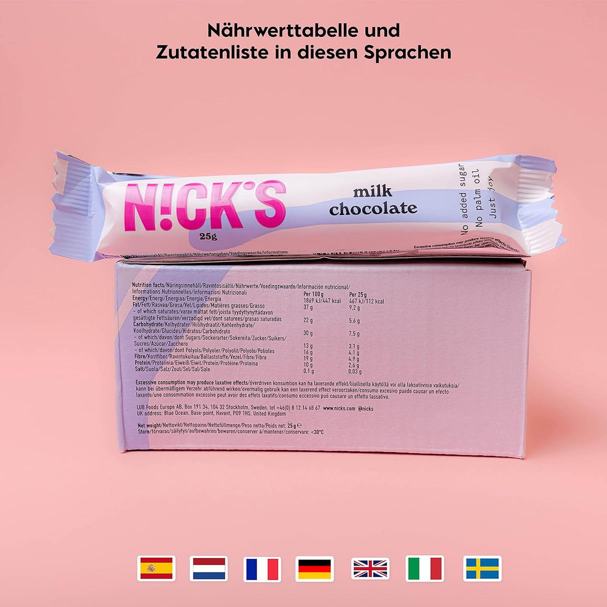 Nicks Milchschokolade Ketostangen ohne Zucker, 112 kcal, 3,4 g Netto Kohlenhydrate, niedrige Kohlenhydrat -Süßigkeiten, glutenfreie Snackbars (15x25 g)