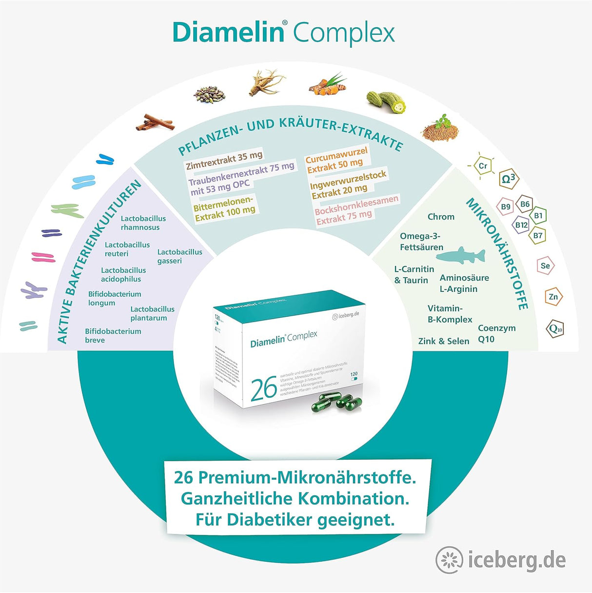 Diamelinkomplex - Nahrungsergänzung für einen normalen Blutzuckerspiegel mit Chrom, der auch für Diabetiker geeignet ist - 26 Vitamine und Mikronährstoffe wie OPC, Zimt, Ingwer, wichtige Darmbakterien