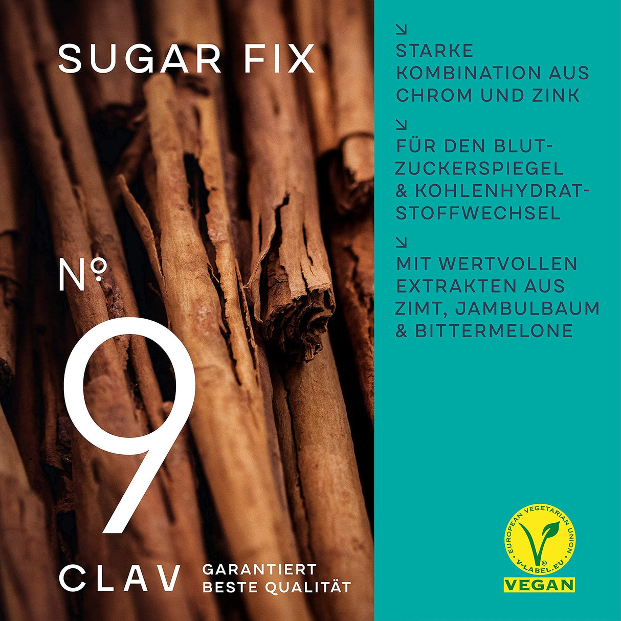 CLAV® N°9 SUGAR FIX - Capsule di cannella con estratto di cannella da 400 mg, 40μg di cromo e 10 mg di zinco per dose giornaliera più beta glucano, albero di jambul e melone amaro - equilibrio dello zucchero nel sangue - 60 capsule - vegan